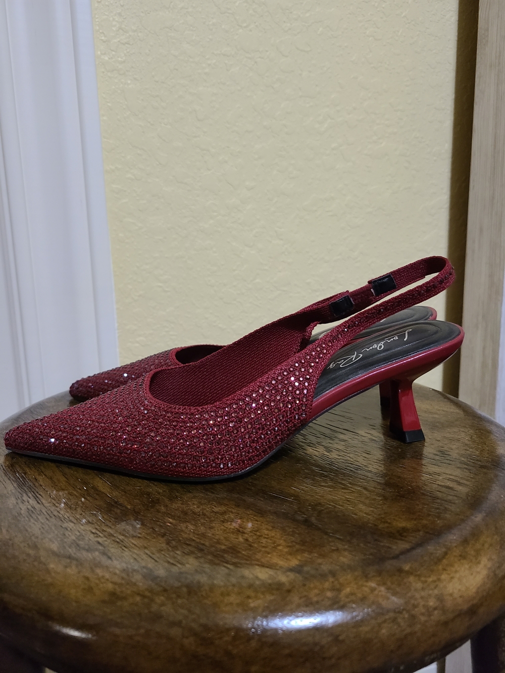 London Rag Burgundy Rhinestone Slingback Kitten Heels 5/36